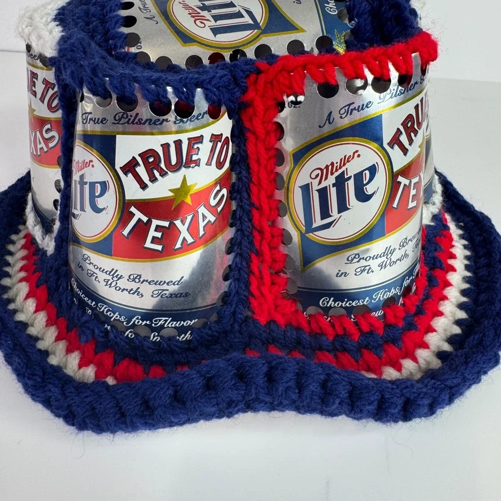 Vtg Handmade Miller Lite Beer Can Hat Adult OS Blue Red White Crochet Bucket Hat